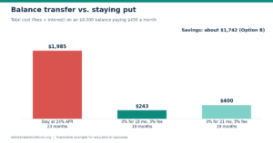 Bar chart comparing the total cost of staying at 24% APR with two 0% balance transfer options