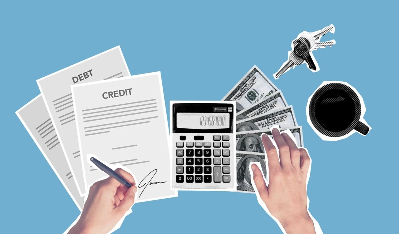 Signing loan paperwork with a calculator and cash to work out debt-to-income ratio for a mortgage